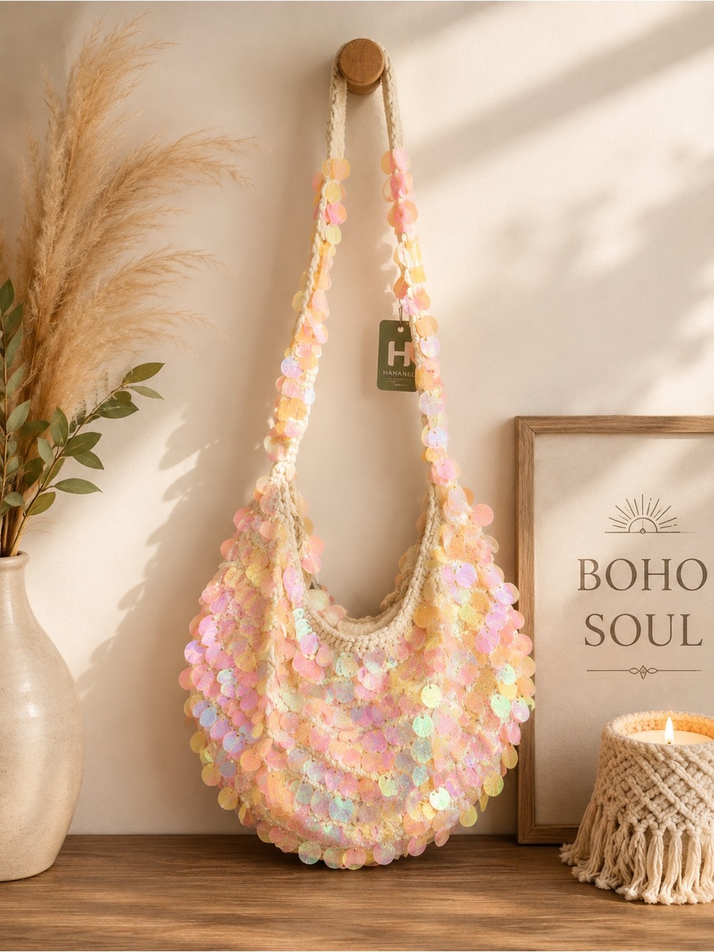 Hananel Iridescent Sequin Crochet Shoulder BOHO Bag - mermaid